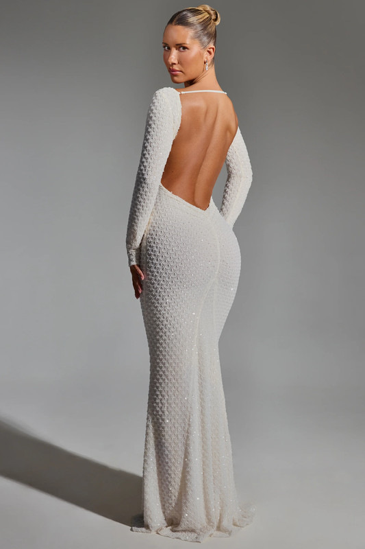Embellished Open-Back Gown in White - UK Size:10